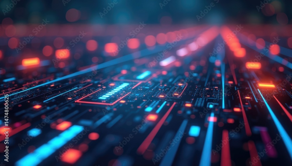 Poster a vast digital landscape features glowing lines and circuits illuminated by blue and red lights, cre