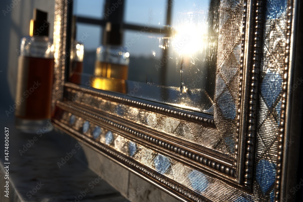 Poster sunlight reflecting off an ornate mirror with perfume bottles on a marble countertop during golden h
