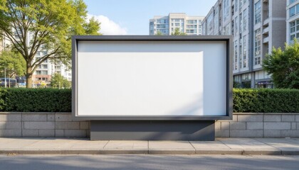 Fototapeta premium A blank billboard stands on the sidewalk of a city street next to contemporary buildings and green shrubbery on a sunny day