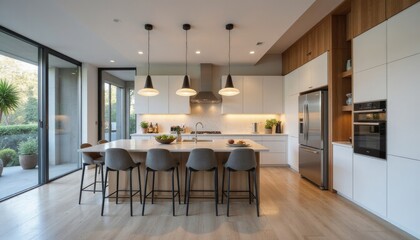 Fototapeta premium Bright and airy kitchen features sleek cabinetry, a large island, and elegant pendant lights, surrounded by natural greenery outside