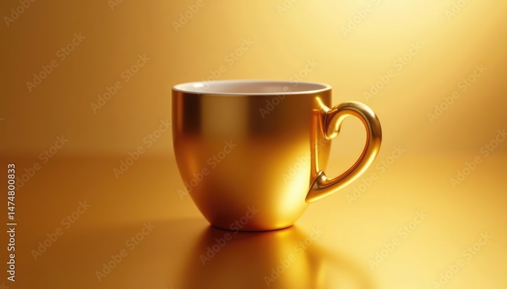 Poster a golden cup rests on a reflective surface, illuminated by soft warm light, creating an elegant and 