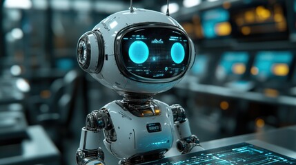 Fototapeta premium White Robot Close-up with Screen Face in Control Room