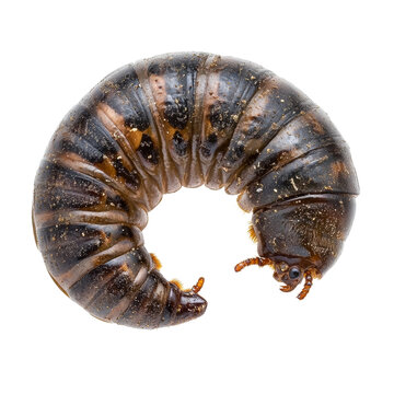 Isolated full view of a curled dermestid beetle larva on white background