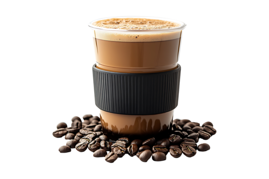 Glass and rubber cup of java surrounded by roasted isolated on transparent background
