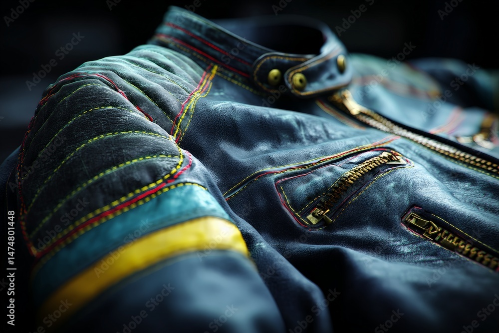 Aufkleber vintage leather jacket with colorful stitching displayed in a studio setting, highlighting craftsman