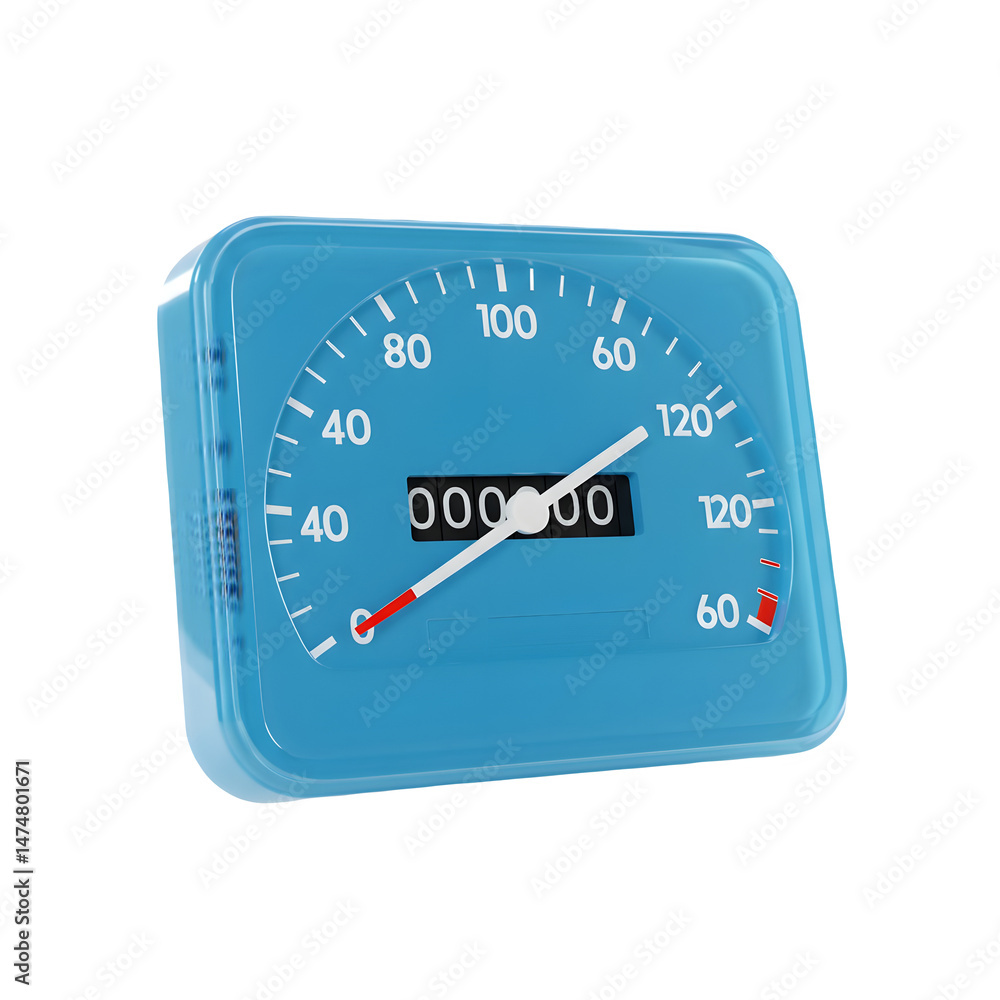 Poster close-up of a light blue speedometer showing zero miles. 3d rendering isolated on white background. 