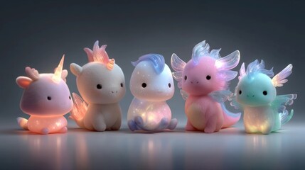 Obraz premium Adorable mythical creatures posing together, unicorn, dragon, and axolotyl