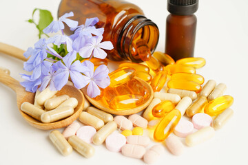 Alternative medicine herbal organic capsule with vitamin E omega 3 fish oil, mineral, drug with...