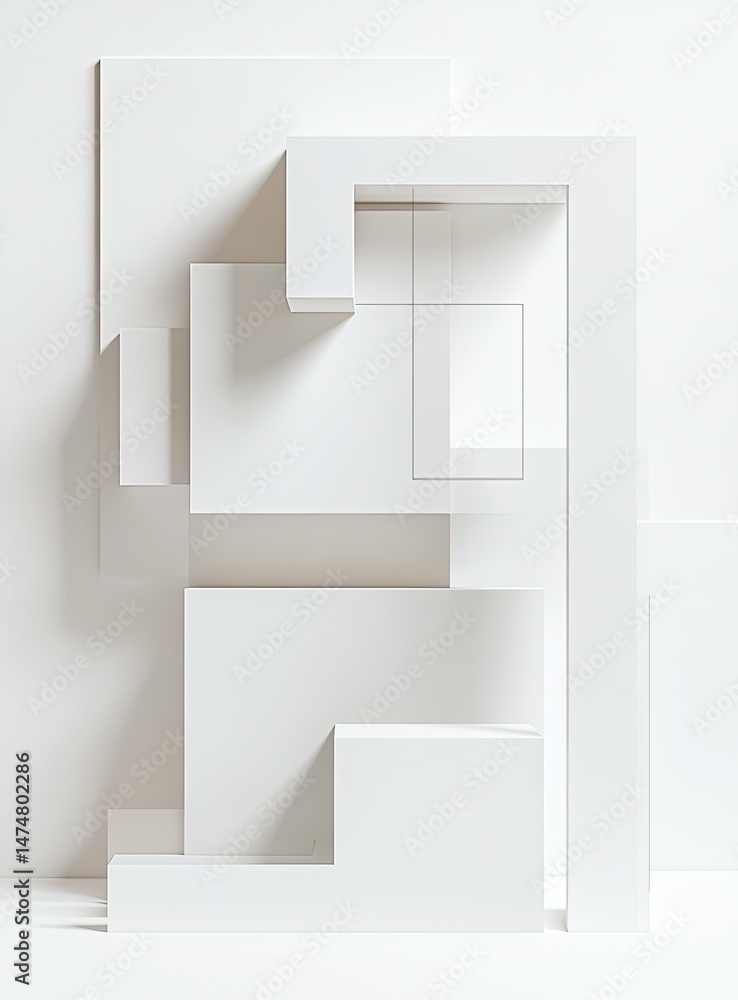 Poster abstract white geometric shapes layered, creating depth and shadow play
