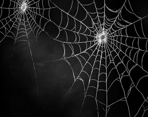 Intricate spiderwebs against a dark backdrop.  Delicate web strands radiate from central points, creating a spooky, Halloween aesthetic