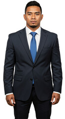 Mid-adult South Asian businessman in a dark blue suit and blue tie standing against a transparent background, looking seriously at the camera.