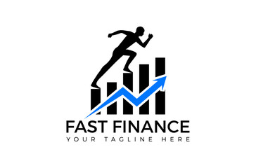 Fast Finance Logo Design, fast forward financial chart and graph market, fund rising fast growing business, businessman progress on the top up Vector Icon Symbol Silhouette Illustration brand identity