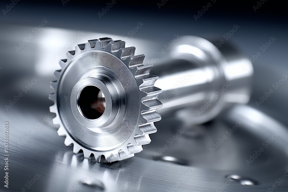 Poster detailed close-up of a metallic gear in a precision engineering workshop showcasing craftsmanship