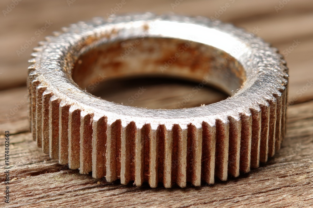 Poster close-up of a metallic gear on a wooden surface showcasing intricate teeth and weathered texture in 