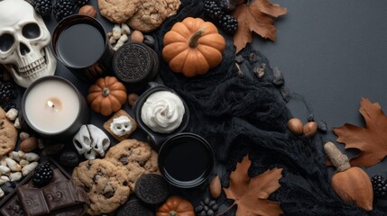 A Halloween table with a skull, cookies, pumpkin, and other treats