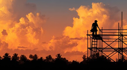 Silhouette of a worker on scaffolding at sunset