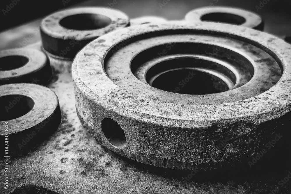 Poster close-up view of metallic mechanical parts on a workbench highlighting wear and texture in a worksho