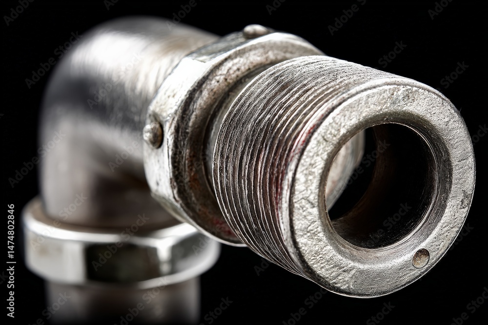 Poster close-up of a metallic plumbing fitting showcasing detailed threads and smooth curves in a studio se