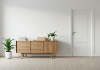 Minimalist interior with wooden sideboard, plants and white door