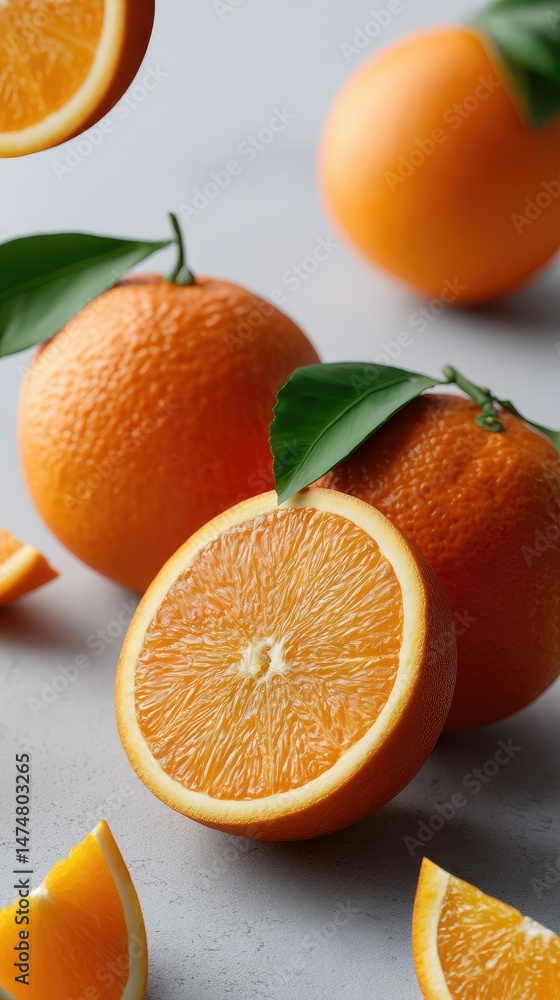 Poster slices of orange float elegantly against a bright white background, creating a refreshing and dynami