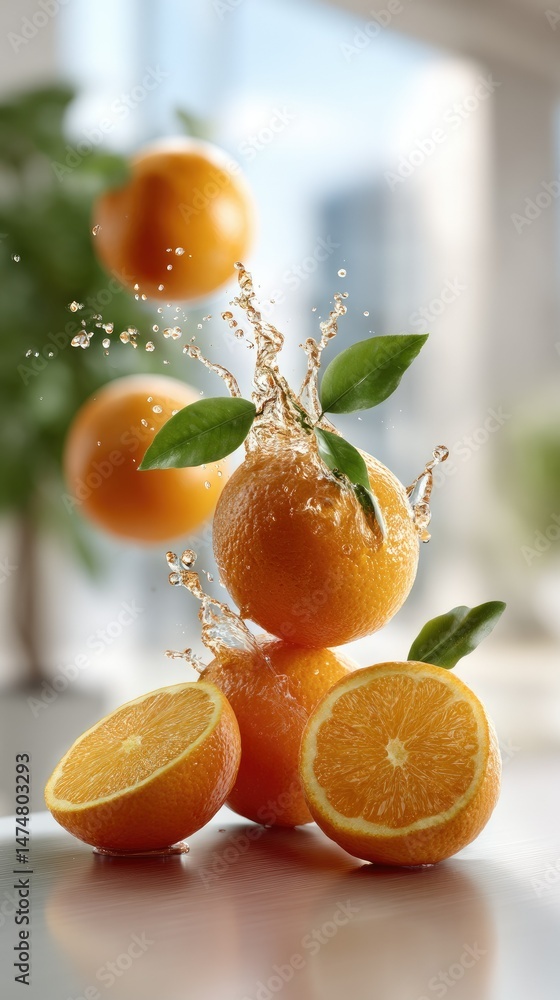 Poster slices of orange float elegantly against a bright white background, creating a refreshing and dynami