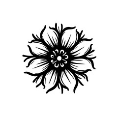Elegant symmetrical floral bloom design in solid black and white contrast