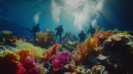 Naklejka premium Four silhouetted scuba divers swim gracefully above delicate fan corals, viewed from below. Bright sunlight streams through the clear blue water, creating a serene scene