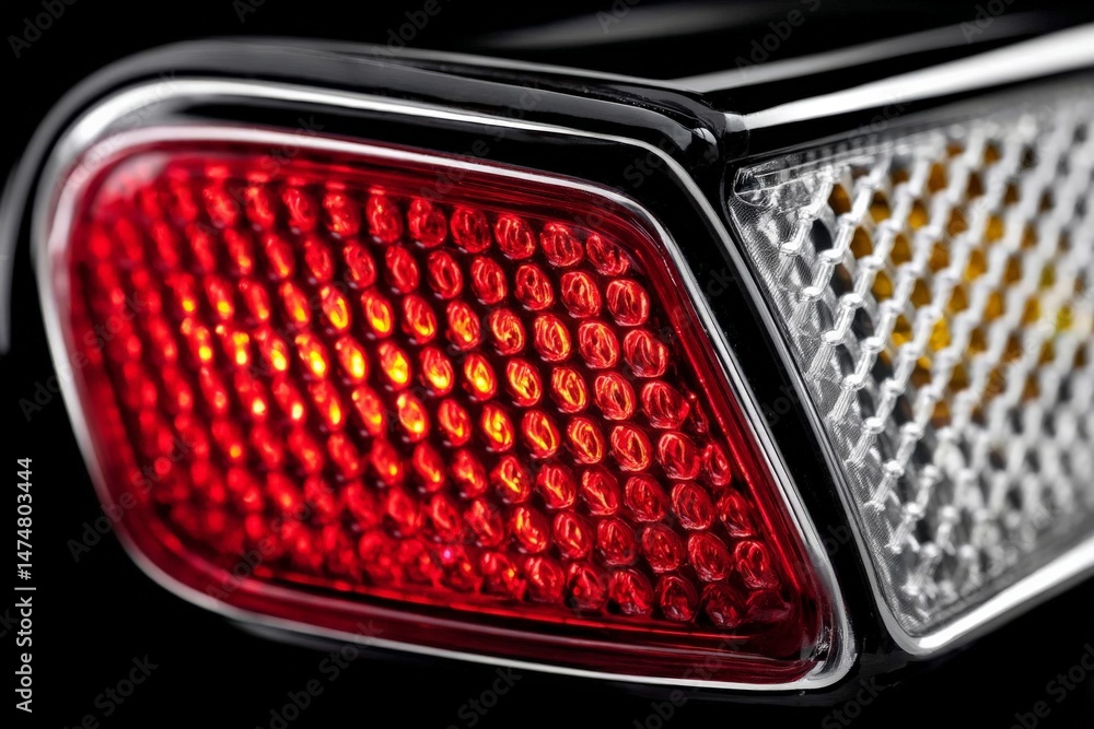 Poster tail light close-up showcasing intricate design and bright colors at night