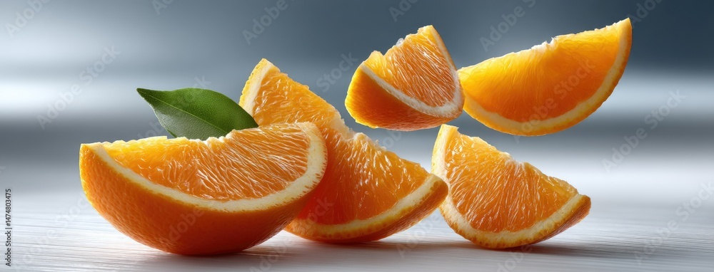 Poster slices of orange float elegantly against a bright white background, creating a refreshing and dynami