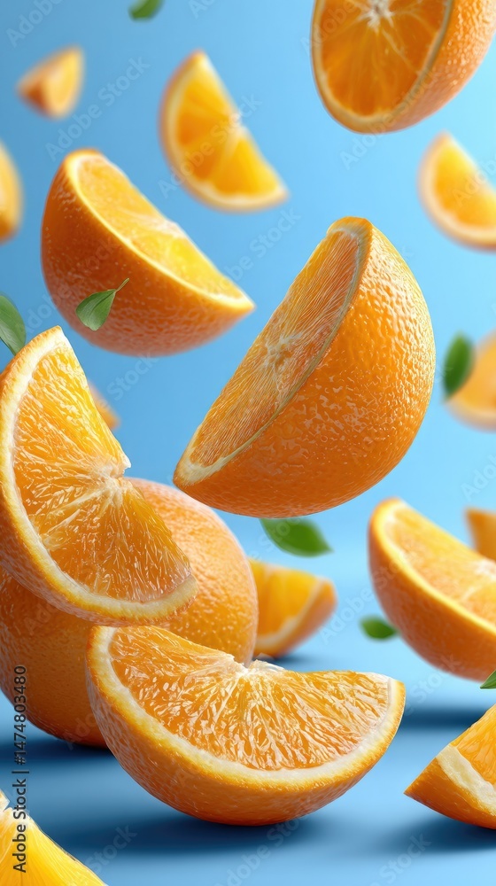 Poster slices of orange float elegantly against a bright white background, creating a refreshing and dynami