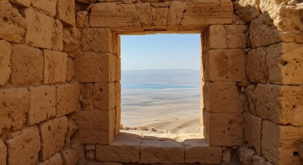 AI image: A view through an ancient stone window opening shows a vast desert landscape and the Dead Sea beyond.