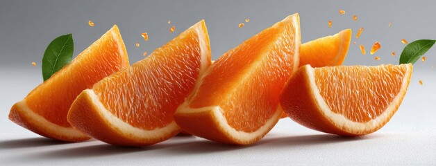 Slices of orange float elegantly against a bright white background, creating a refreshing and dynamic composition that showcases vibrant colors and delicate details