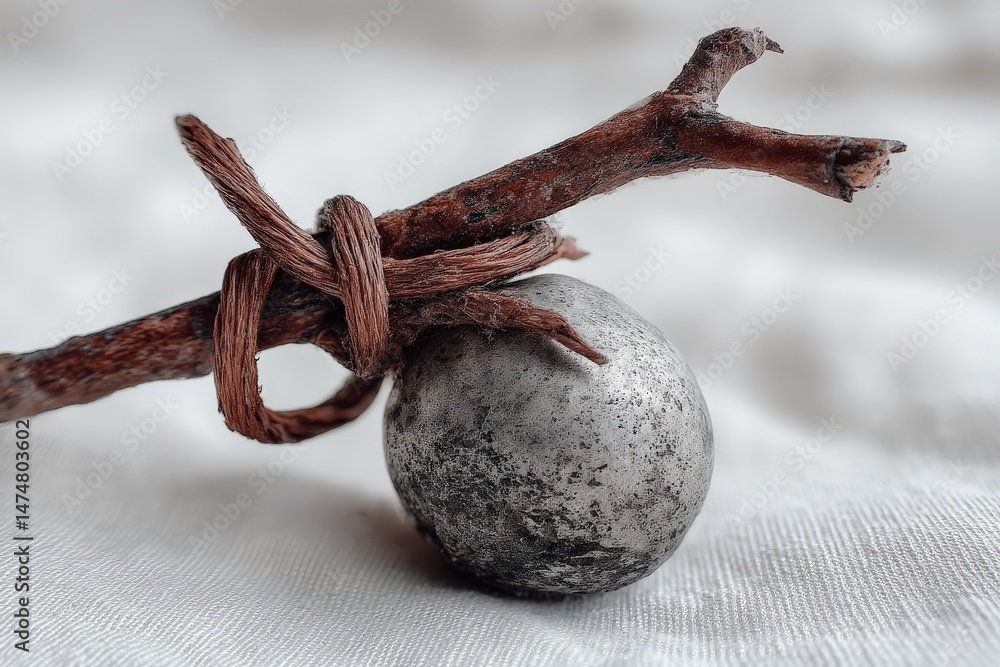 Aufkleber Rustic metal sphere tied to a twig with brown string on a light fabric surface in a close-up view