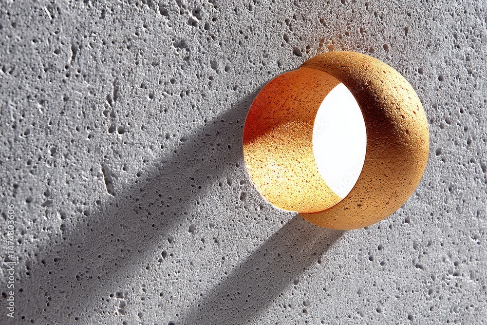 Poster unique architectural light fixture casts shadows on textured wall during daytime