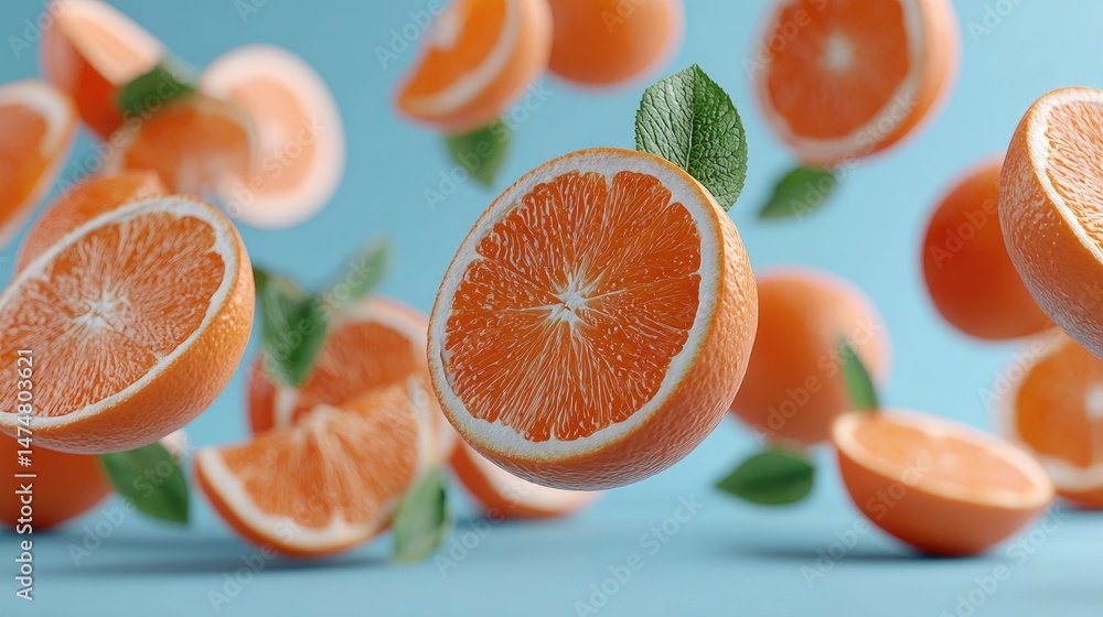 Poster slices of orange float elegantly against a bright white background, creating a refreshing and dynami