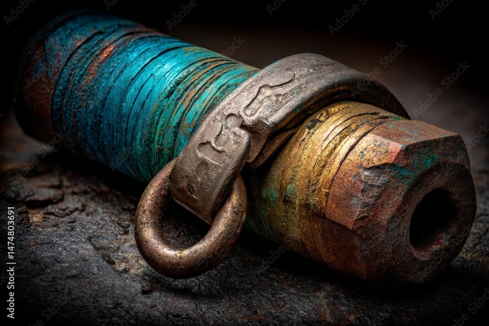 Aufkleber Rusty industrial bolt with colorful threads on a dark textured background in a workshop