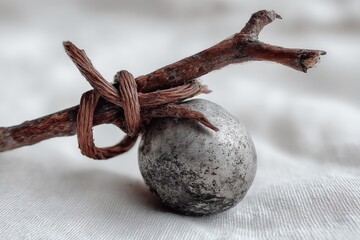 Rustic metal sphere tied to a twig with brown string on a light fabric surface in a close-up view