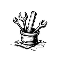 Hand-drawn illustration of tools in a pail, creating a vintage aesthetic design