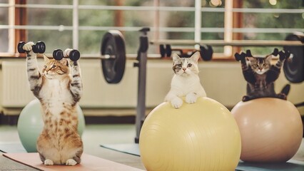two dogs playing with a ball, cats in gym