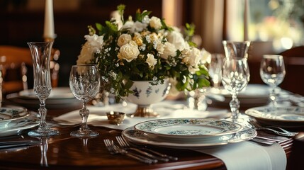Elegant dining table setting with floral centerpiece