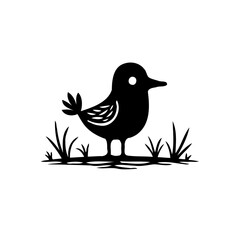 Stylized Silhouette of a Bird on Grass, Simple Graphic Illustration