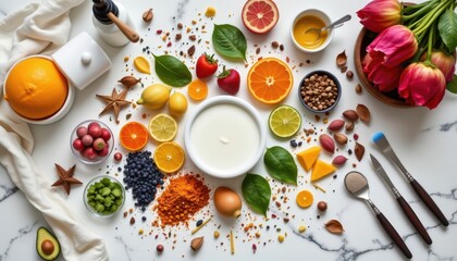 a bird's eye view reveals a vibrant array of natural skincare ingredients, arranged artfully on a pristine white marble countertop, surrounded by sleek skincare tools