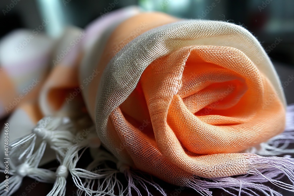 Aufkleber soft orange scarf elegantly rolled on a table, showcasing delicate textures and colors in a relaxed 