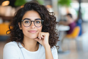 Confident businesswoman with glasses smiling in a bright office environment representing female entrepreneurship