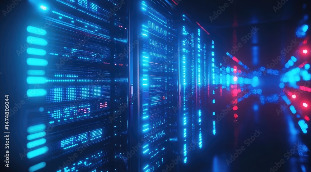 Poster Glowing data servers in a futuristic corridor illuminated with blue lights, representing high-tech digital storage, cyber infrastructure, and cloud computing