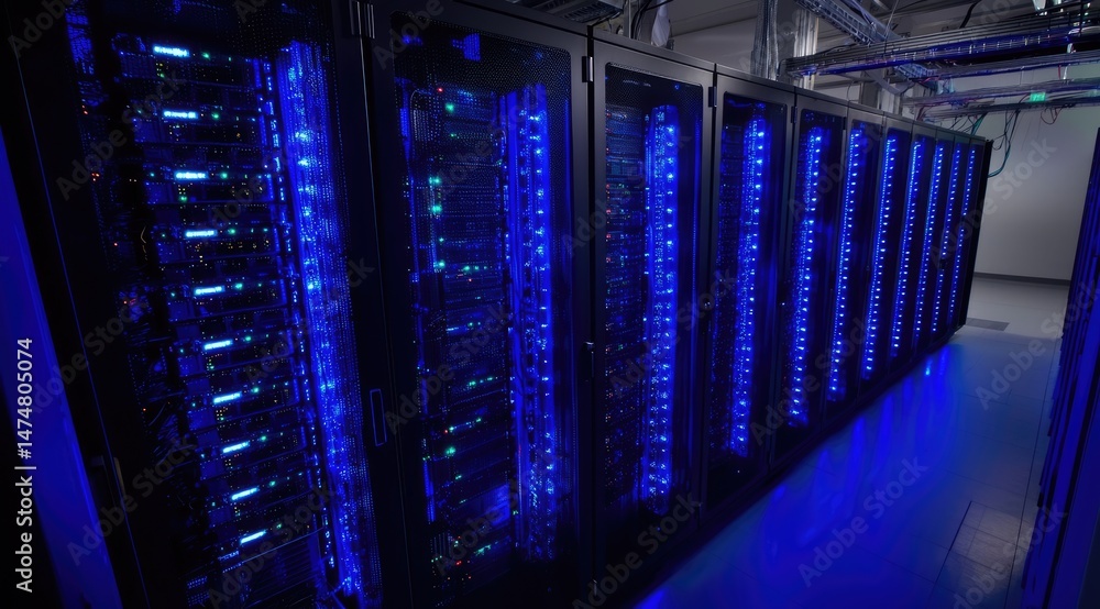 Aufkleber Modern data center aisle with glowing blue LED server racks, showcasing high-performance computing infrastructure for digital storage and cloud systems