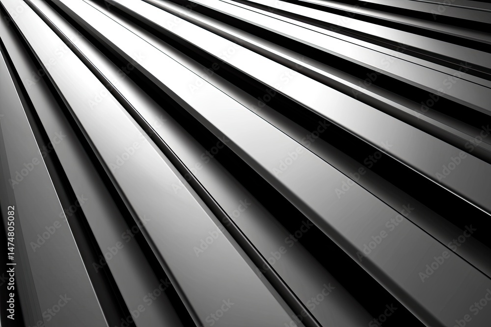 Poster abstract metallic, angled, grooved surface. parallel lines converge to a point, creating depth and p