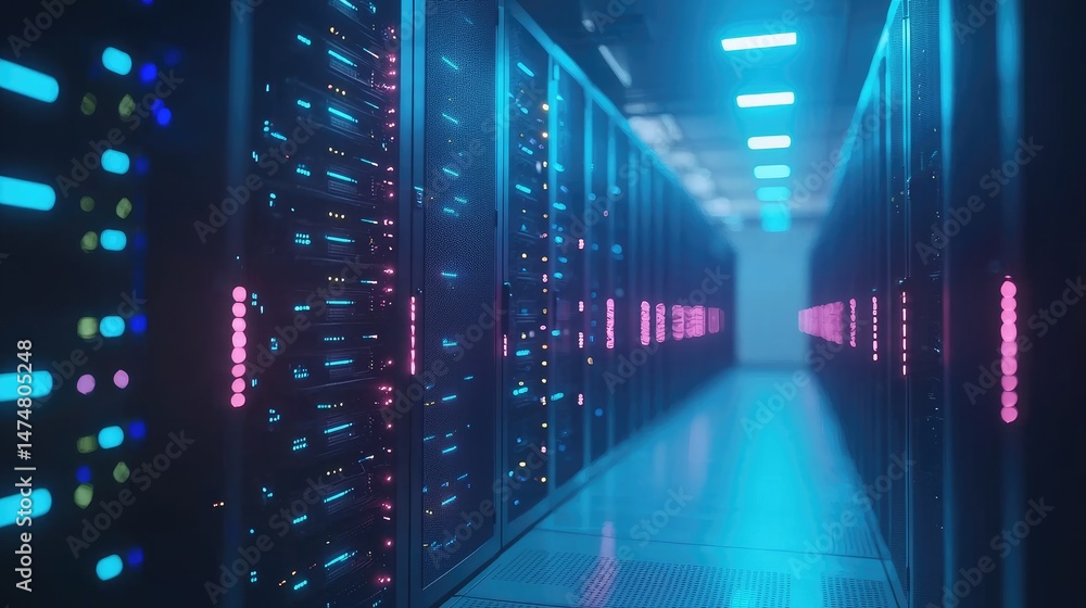 Poster 3d render of futuristic data center interior with symmetric rows of glowing blue server cabinets, sh