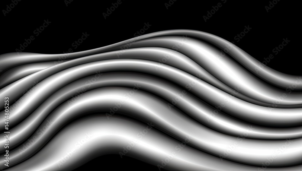 Poster abstract grayscale wavy design, flowing smooth curves against a black background. detailed grayscale