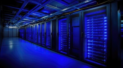 Fototapeta premium Long corridor of server racks with bright blue LEDs in a modern data center, representing advanced storage technology and enterprise-level cloud computing